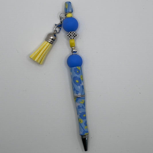 Fancy Beaded Pen Yellow & Blue & White