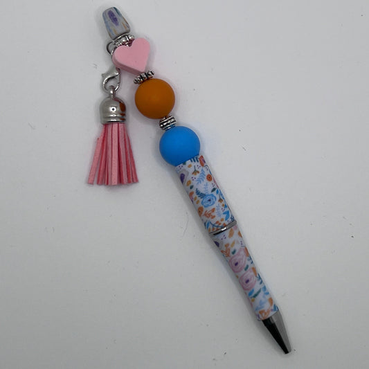 Fancy Beaded Pen Blue & Orange & Pink Floral