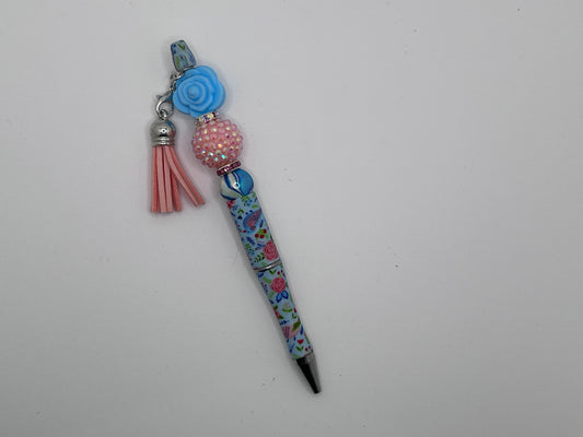 Fancy Beaded Pen Blue & Pink Rose Floral