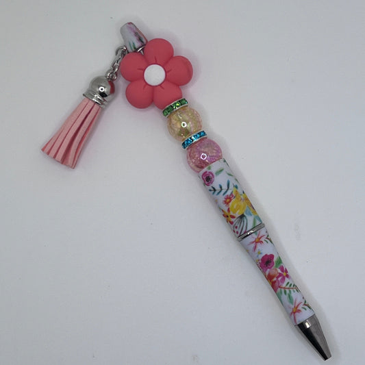 Fancy Beaded Pen Blue & Orange & Pink & Green Floral